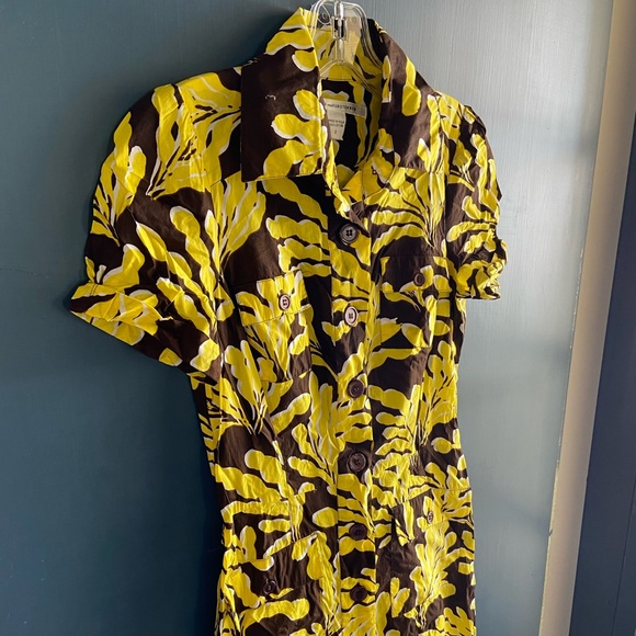 DIANE VON FURSTENBERG DVF Collared Pockets Fit Flare Dress Size 2 Leaf Hawaiian - Picture 2 of 10